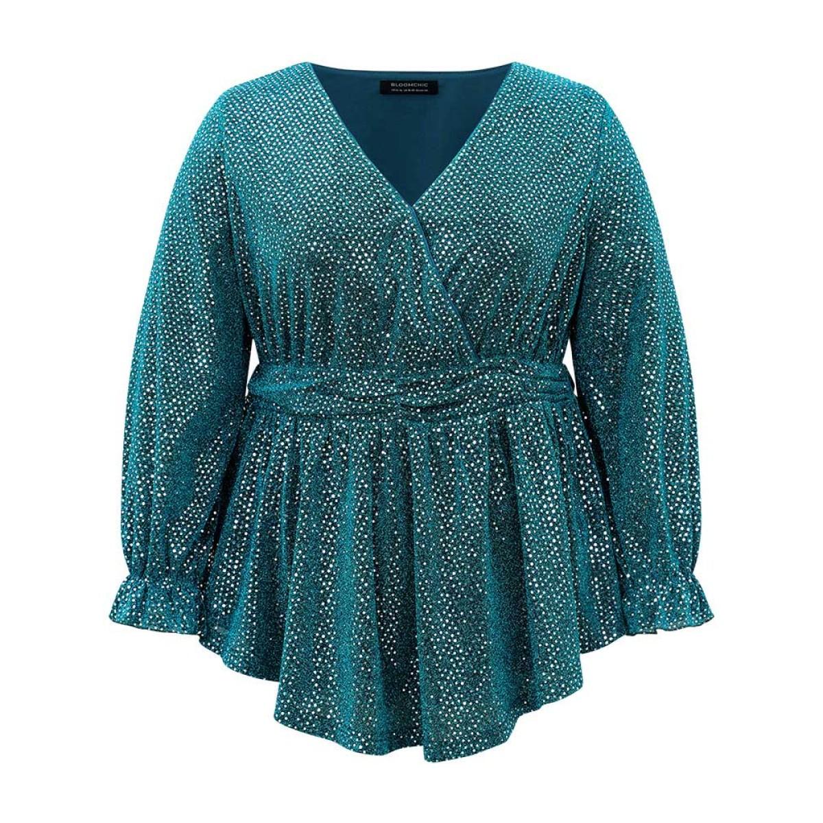 Plus Size Emerald Sequin Wrap Ruffles Ruched Lantern Sleeve Blouse Women Glamour Long Sleeve V-neck Festival-Christmas Blouses BloomChic 12/L Product Image