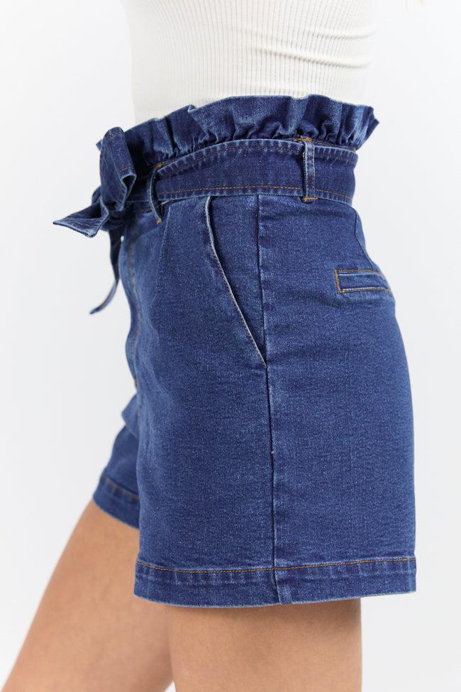 What's New Dark Wash Paperbag Waist Belted Denim Shorts FINAL SALE Product Image