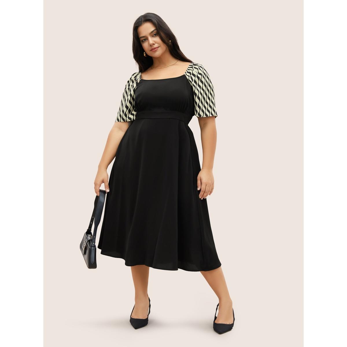 Plus Size Geometric Square Neck Raglan Sleeve Elastic Waist Dress Black Women At the Office Non Square Neck Half Sleeve Curvy Midi Dress BloomChic 12/L Product Image