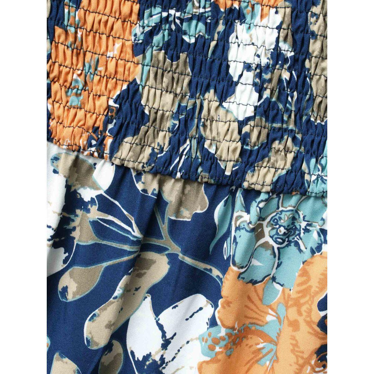 Plus Size Square Neck Floral Shirred Midi Dress Navy Women Elegant Shirred Square Neck Elbow-length sleeve Curvy BloomChic 14-16/1X Product Image