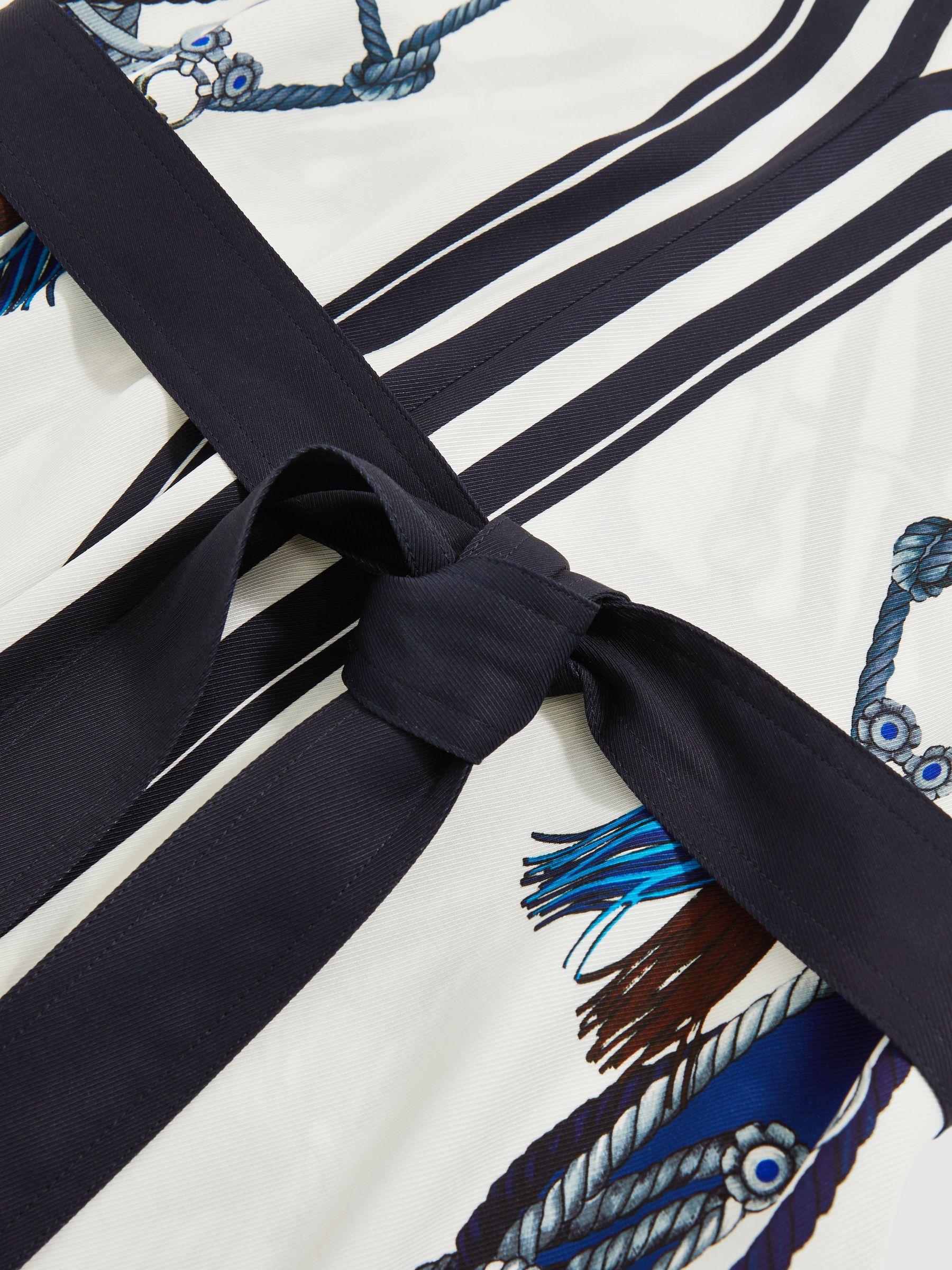 Scarf-Print V-Neck Belted Midi Dress in Blue/Brown Product Image