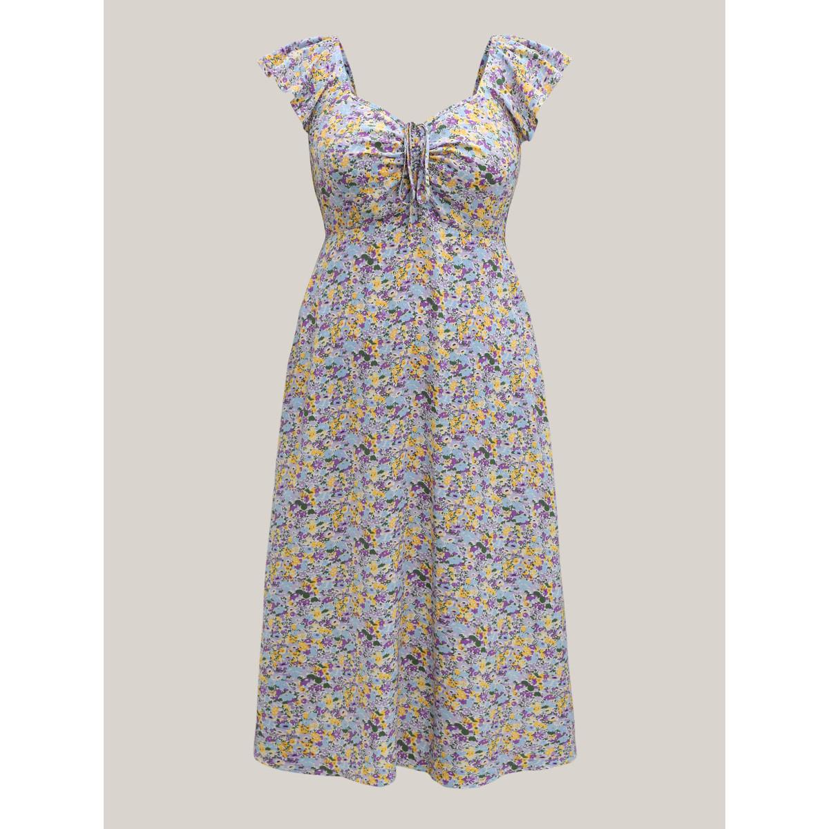 Plus Size Ditsy Floral Print Neck Tie Midi Dress Lilac Women Timeless Heart neckline Cap Sleeve Curvy BloomChic 26/4X Product Image