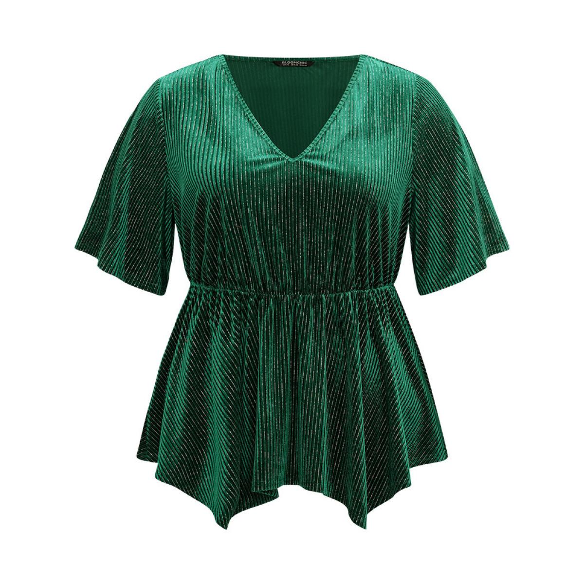 Plus Size DarkGreen Velvet Elastic Waist Ruffle Sleeve Hanky Hem Blouse Women Glamour Short sleeve V-neck Festival-Christmas Blouses BloomChic 18-20/2X Product Image
