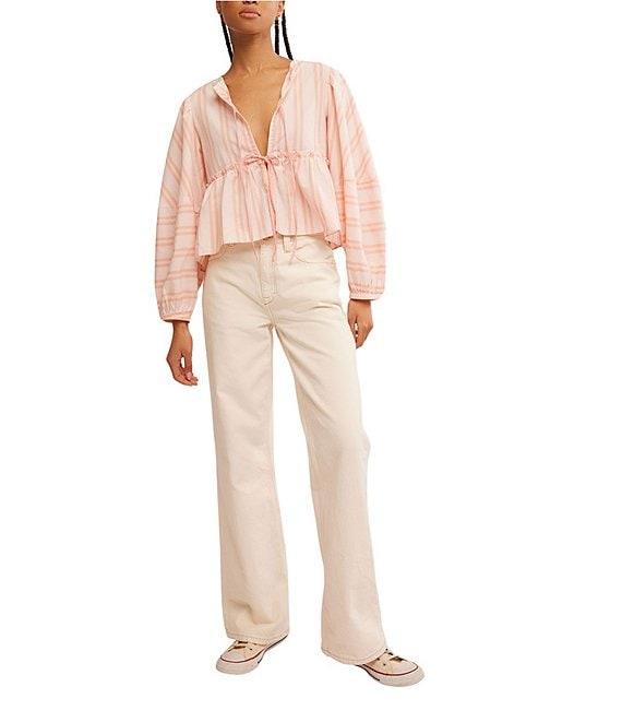 Free People Brunch Babe Stripe Print V-Neck Tie Front Long Sleeve Blouse Product Image