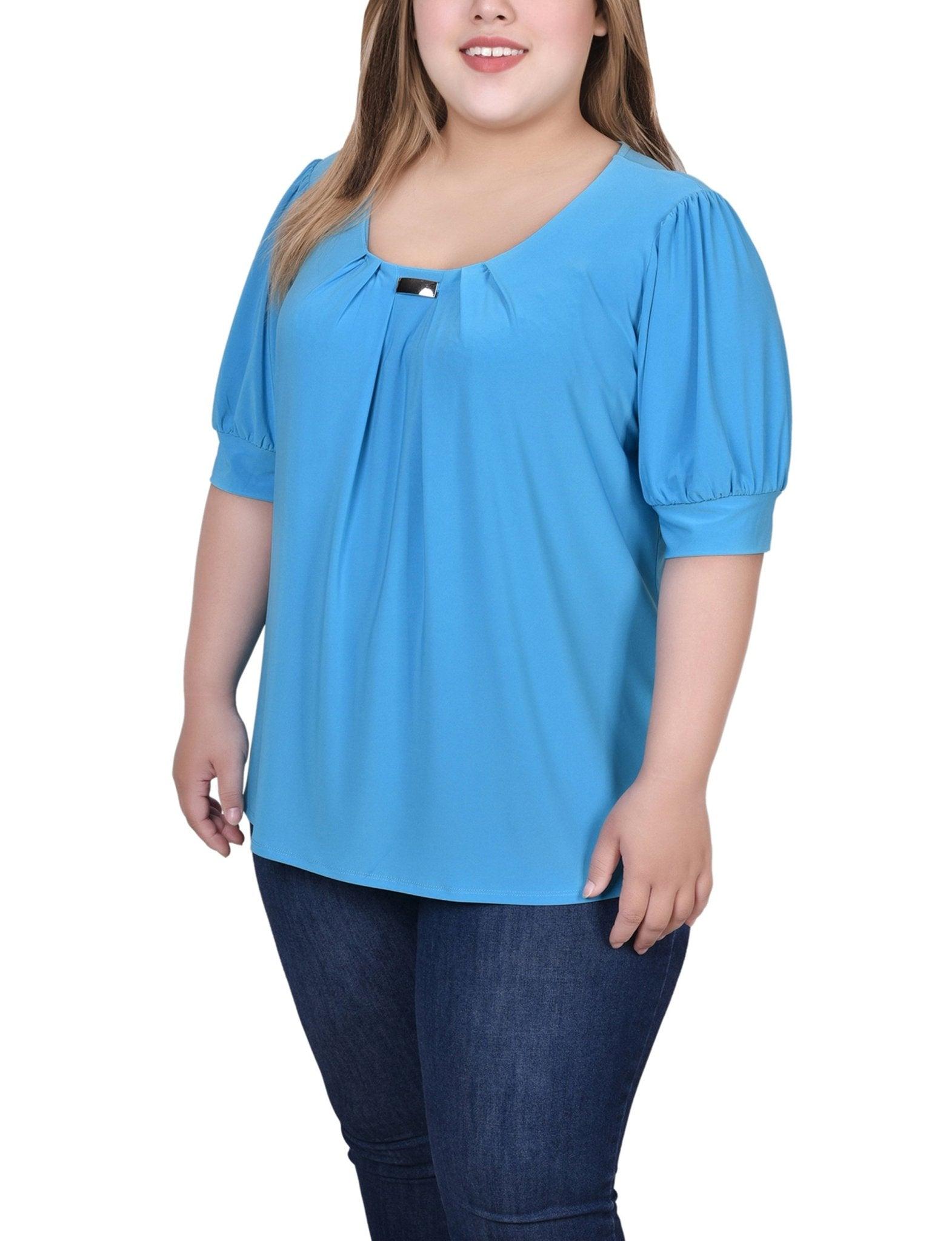 Electric Blue Short Sleeve Balloon Sleeve Top With Hardware - Plus Product Image