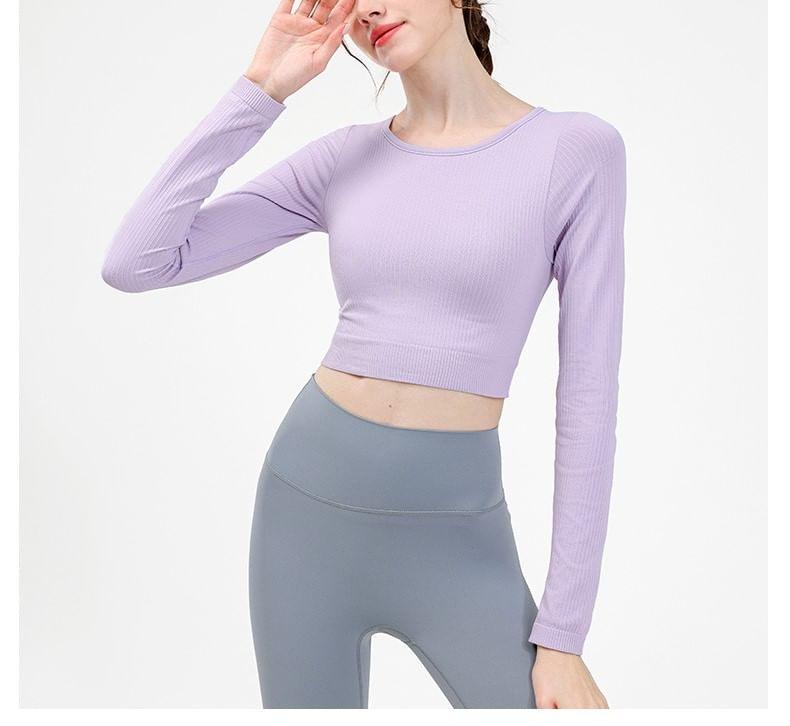 Long-Sleeve Round Neck Plain Crop Yoga T-Shirt Product Image