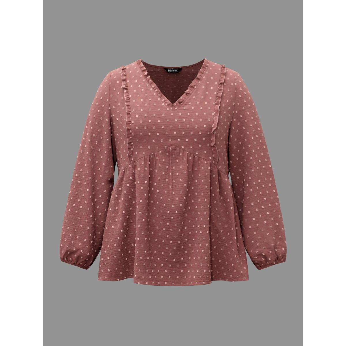 Plus Size Rouge V Neck Ruffle Trim Elastic Cuffs Blouse Women Elegant Long Sleeve V-neck Everyday Blouses BloomChic 28/5X Product Image