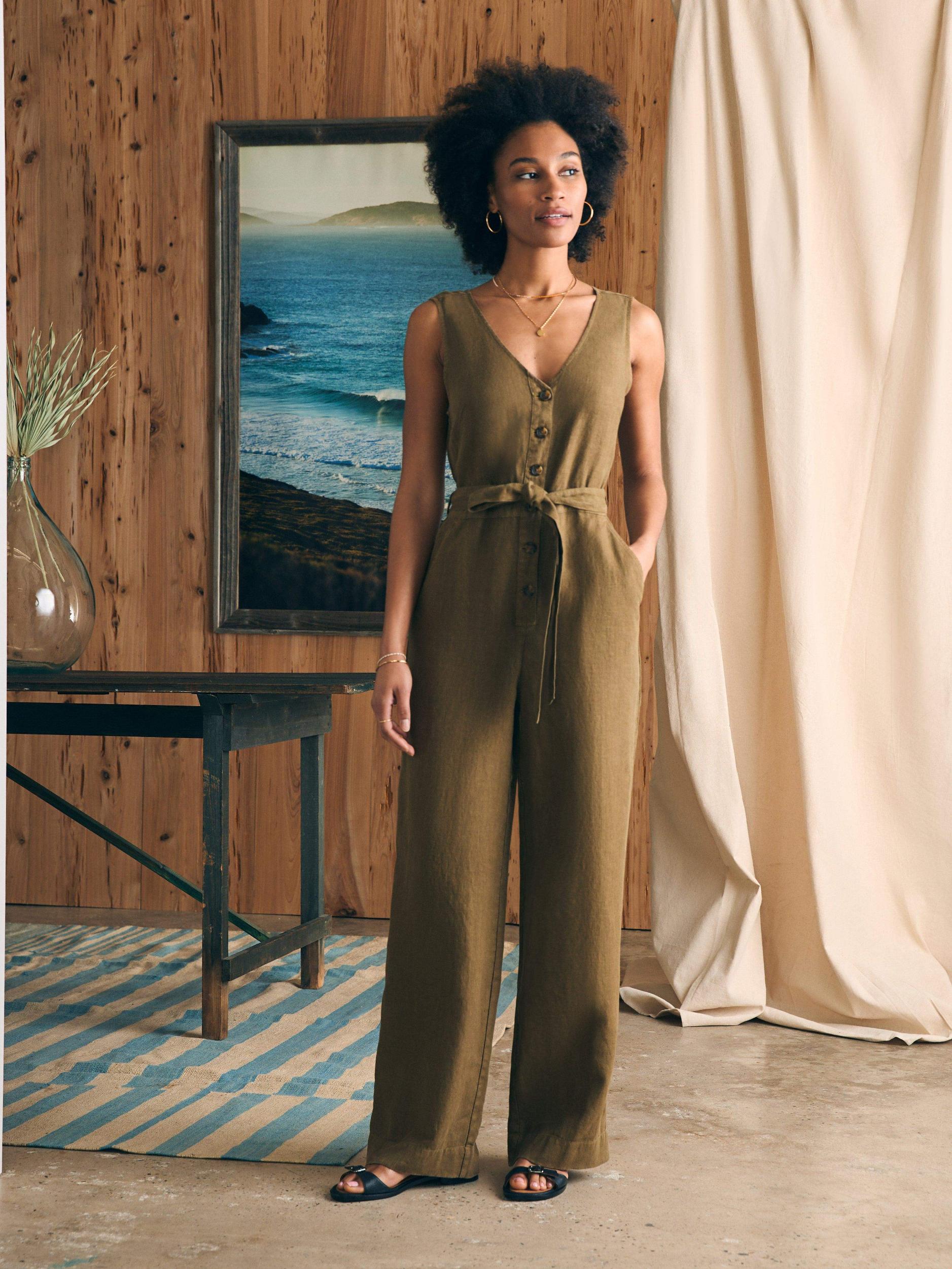 Linen Alina Jumpsuit - Military Olive Female Product Image