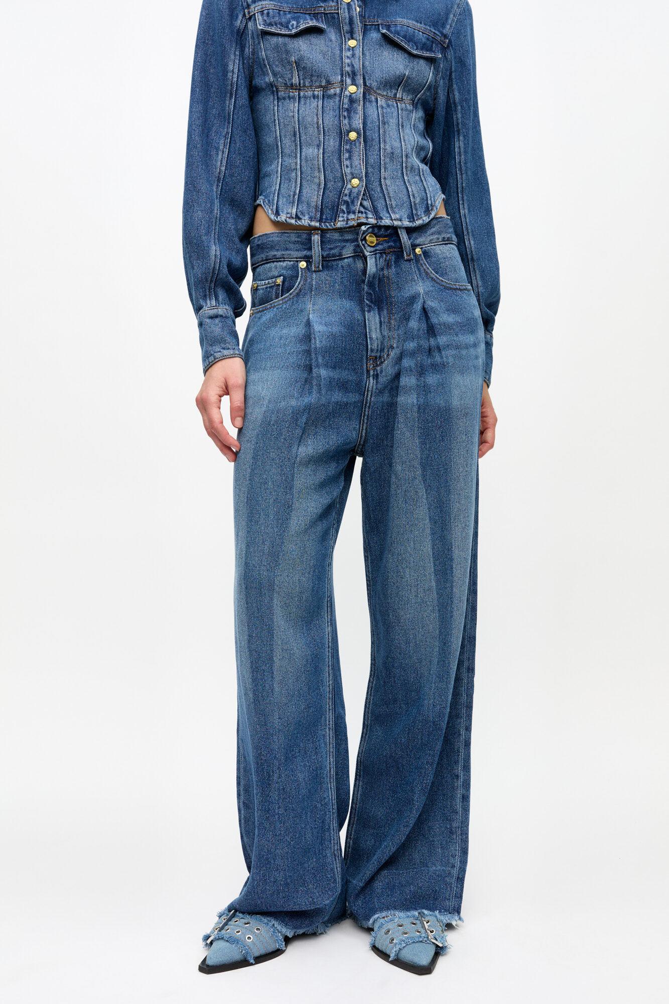Blue Pleated Jeans Product Image