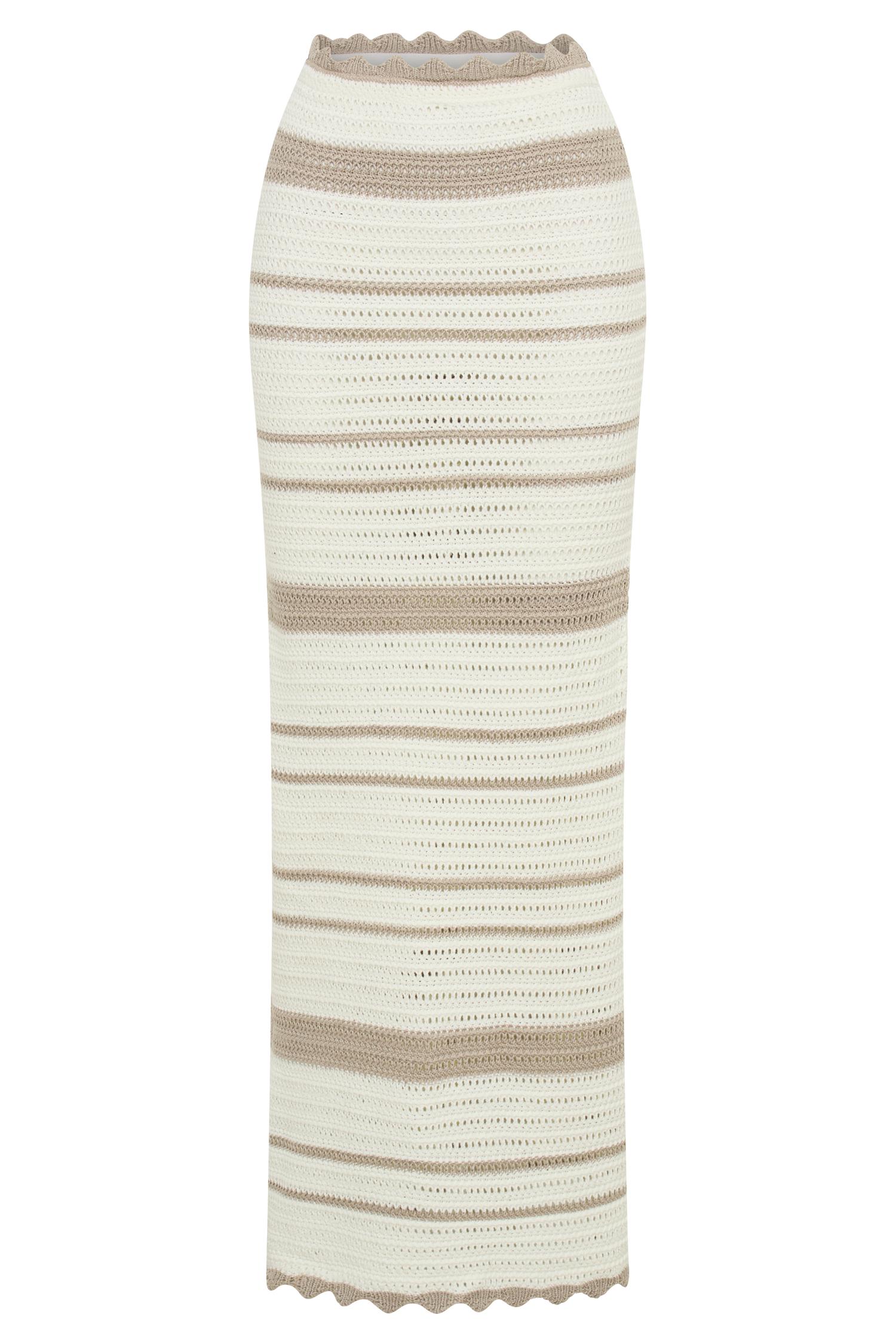Jadia Contrast Crochet Fishtail Maxi Skirt - Taupe/White Product Image
