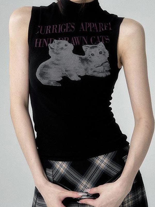 Cat Print Mock Neck Tank Top Product Image
