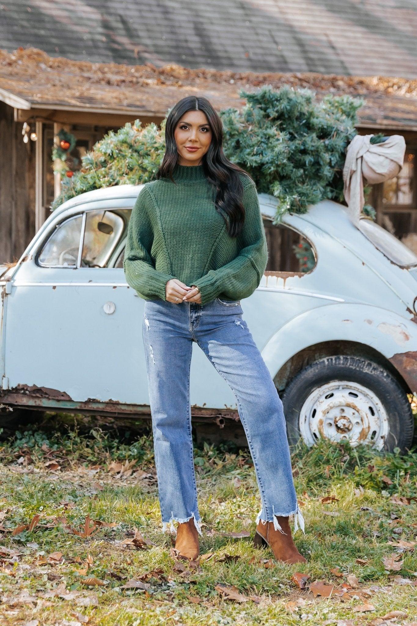 Seam Detail Mock Neck Sweater - Green - FINAL SALE Product Image