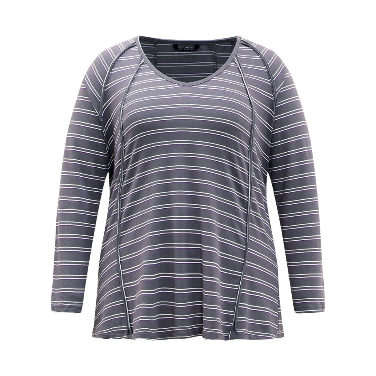 Plus Size Striped Patchwork Raglan Sleeve T-shirt Heather Women Casual Contrast Striped V-neck Dailywear T-shirts BloomChic 10/M Product Image