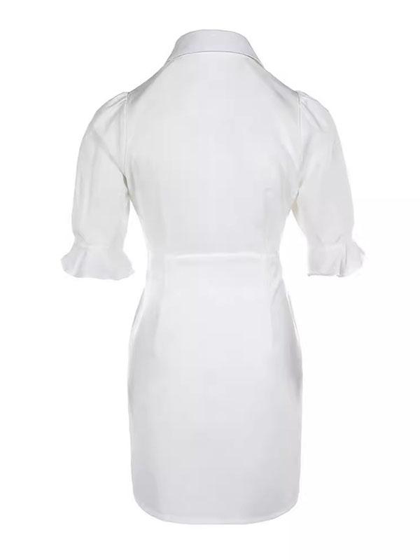 A-Line Flared Sleeves Buttoned Pleated Pockets Solid Color Split-Joint Lapel Mini Dresses Shirt Dress Product Image
