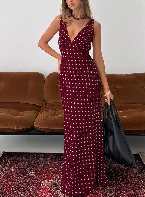 Nellie Maxi Dress Burgundy Polka Dot Product Image