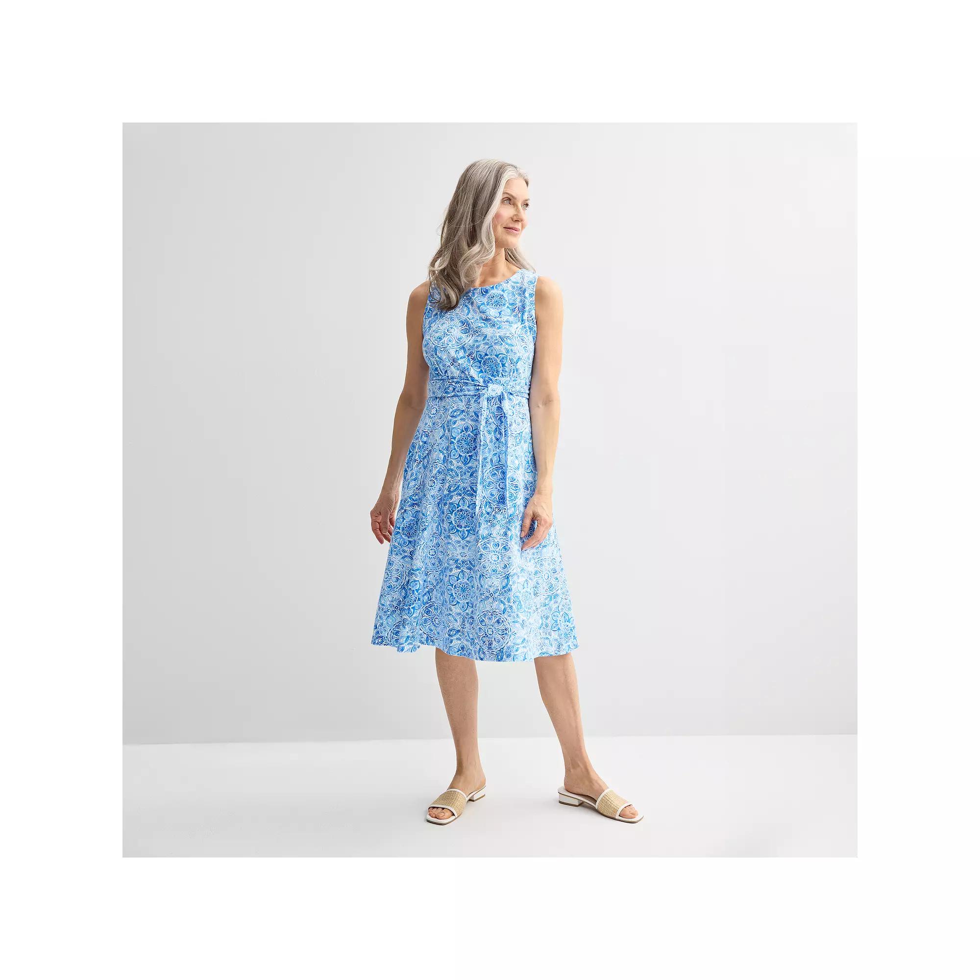 Petite Croft & Barrow® Belted Fit and Flare Dress, Women's, Size: Small Petite, Blue Watercolor Tile Product Image