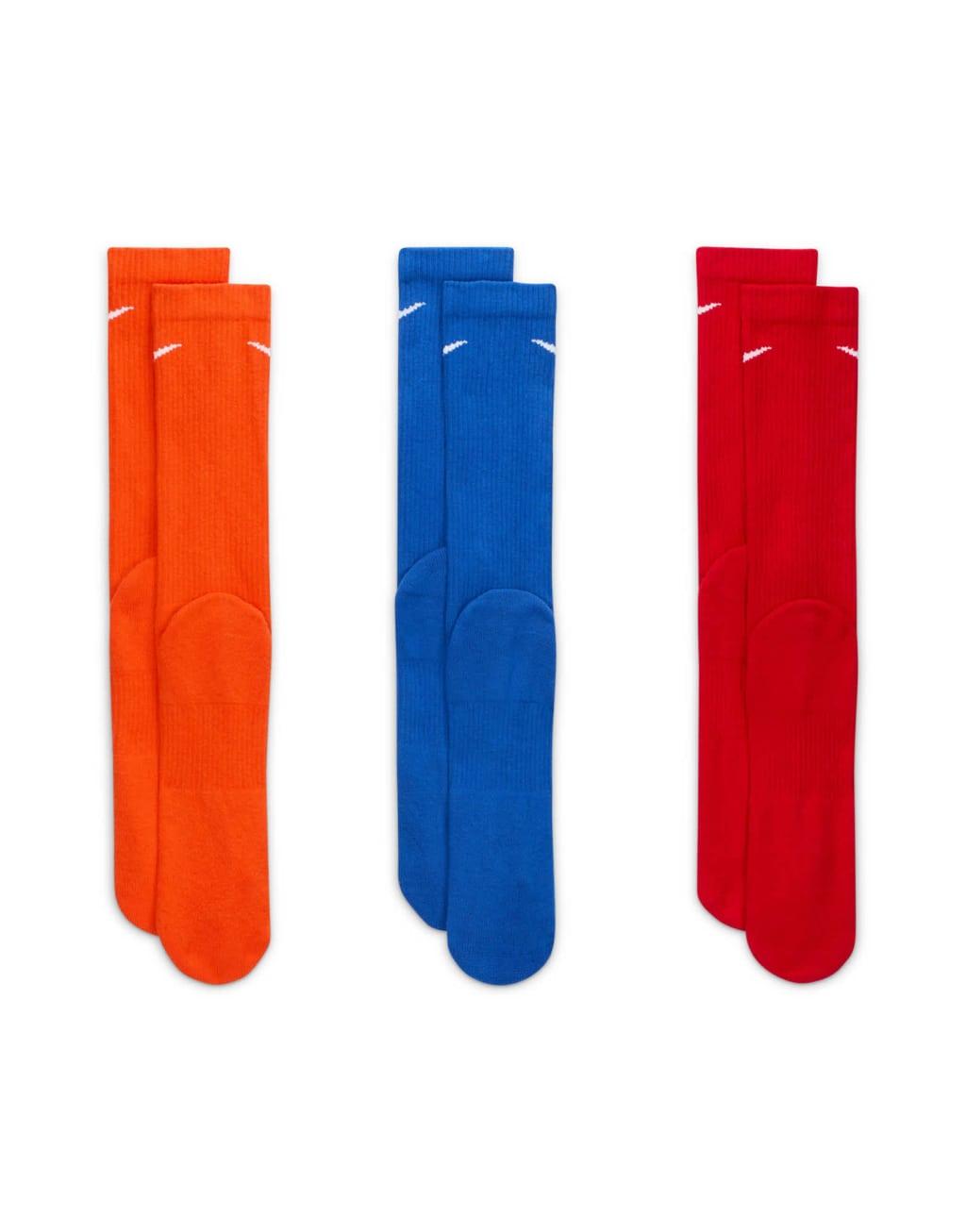Nike Training Everyday Plus Cushioned 3 pack crew sock in orange, blue and red Product Image