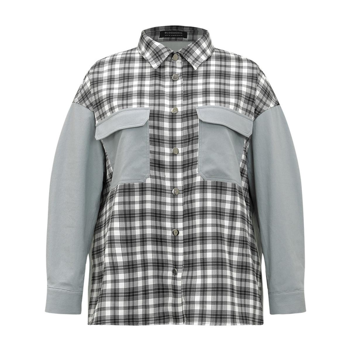 Plus Size Plaid Pocket Patchwork Contrast Coat Women LightBlue Casual Contrast Ladies Everyday Winter Coats BloomChic 14-16/1X Product Image