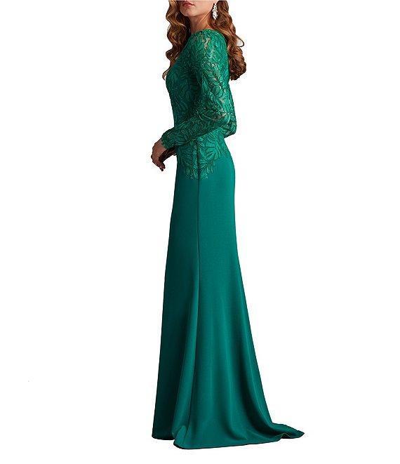 Tadashi Shoji Round Neck Illusion Long Sleeve Asymmetrical Leaf Embroidered Crepe Sheath Gown Product Image