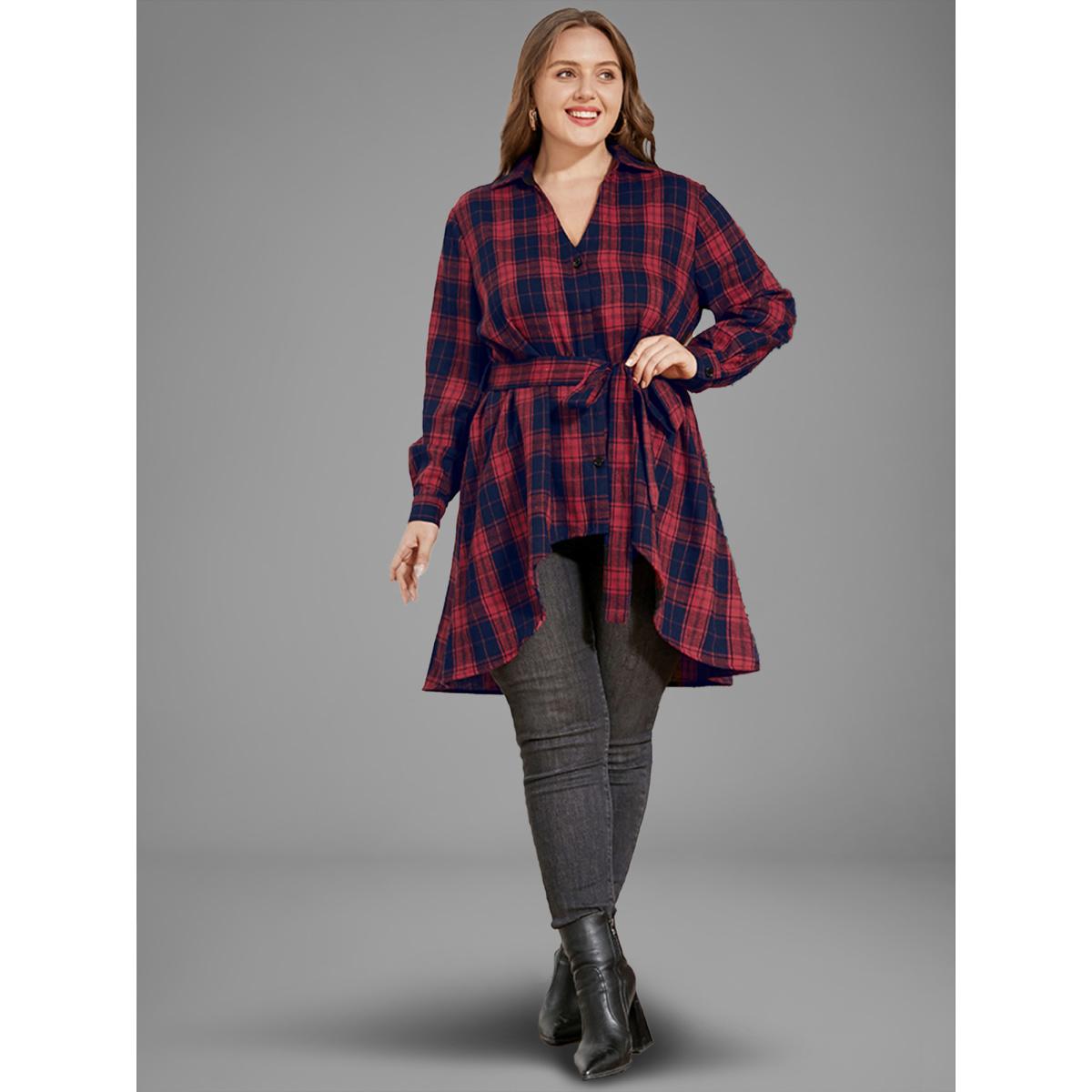 Plus Size Red Plaid Button Up Asymmetrical Hem Belted Blouse Women Elegant Long Sleeve V-neck Dailywear Blouses BloomChic 18-20/2X Product Image