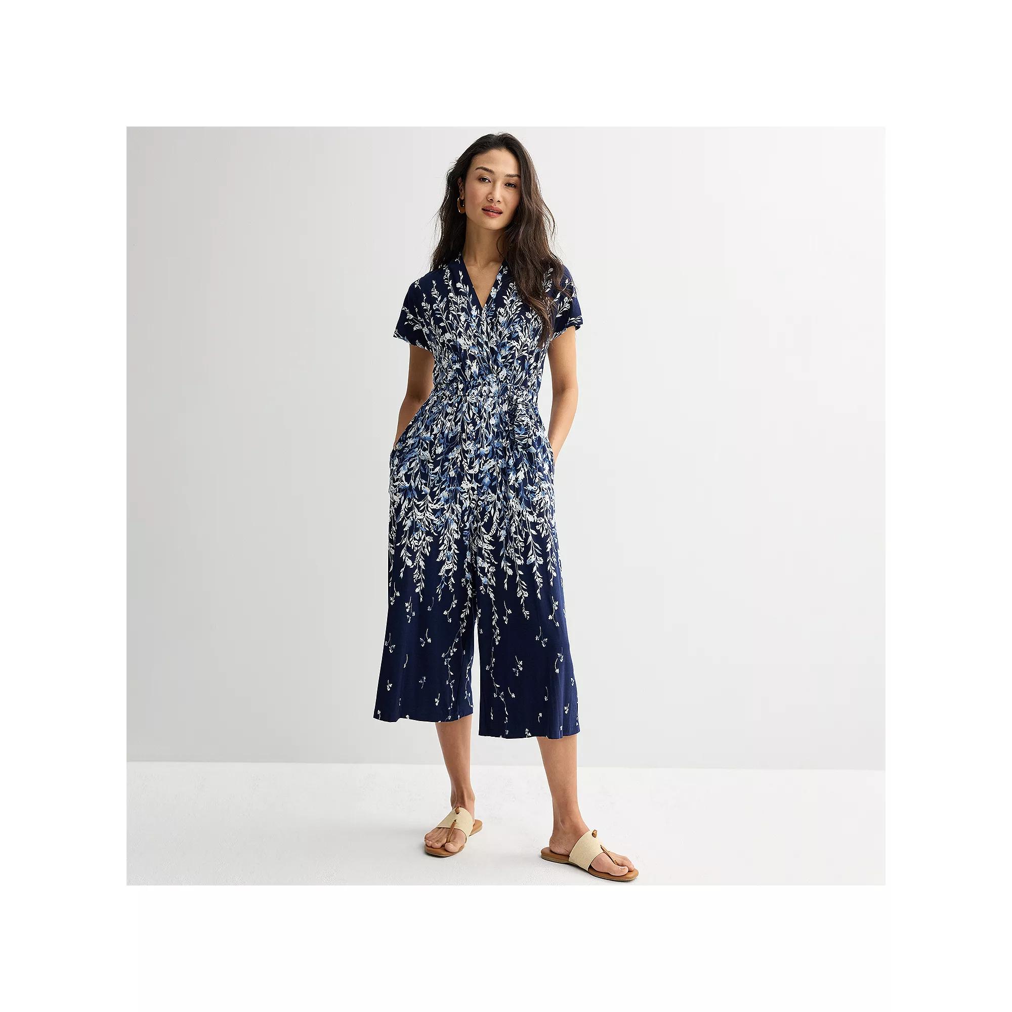 Petite Sandra Darren Surplice Printed Jumpsuit, Women's, Size: Large Petite, Navy White Product Image