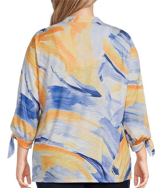 Allison Daley Plus Size 3/4 Tie Sleeve Y-Neck Button Front Knit Top Product Image