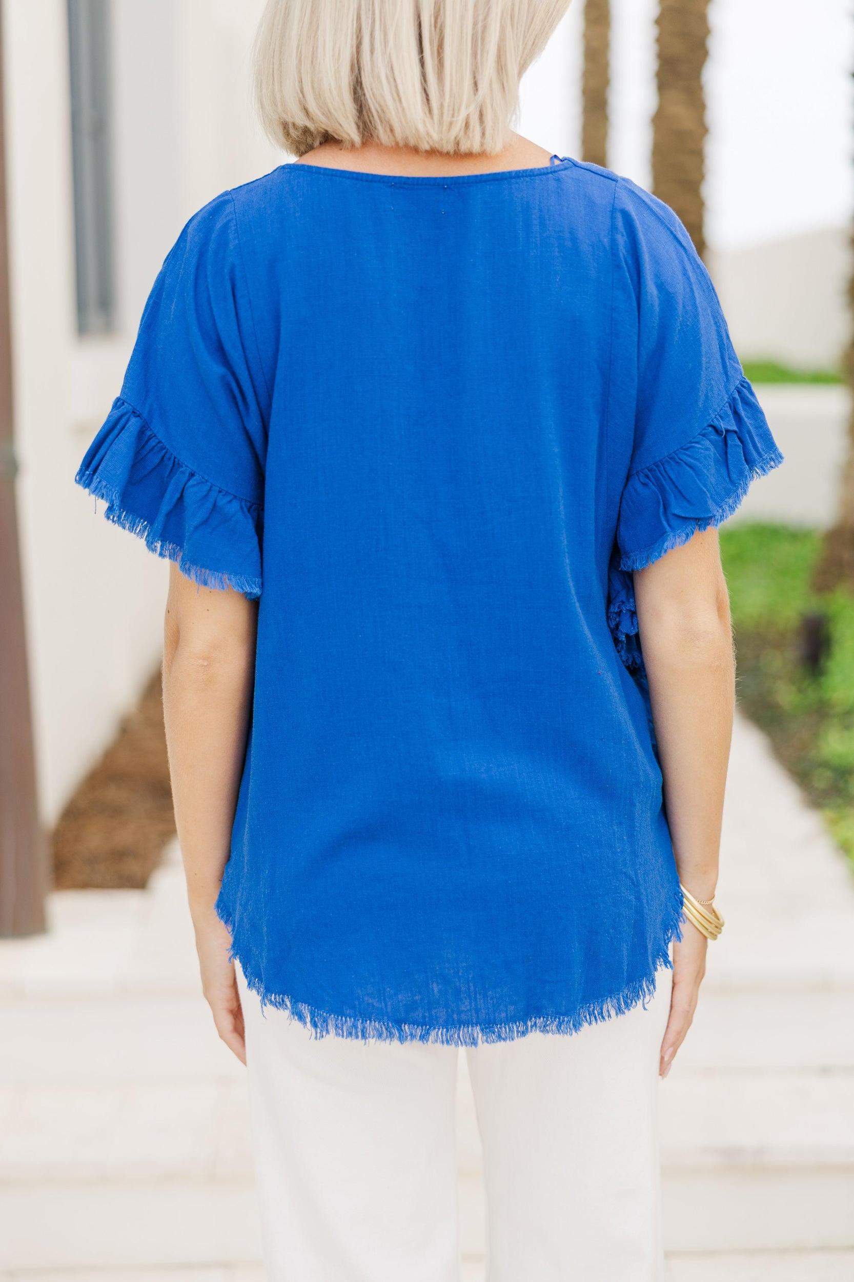 Find You Out Royal Blue Linen Top Female Product Image