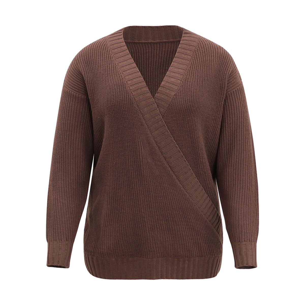 Plus Size Solid Surplice Neck Elastic Cuffs Pullover DarkBrown Women Casual Loose Long Sleeve V-neck Dailywear Pullovers BloomChic 18-20/2X Product Image