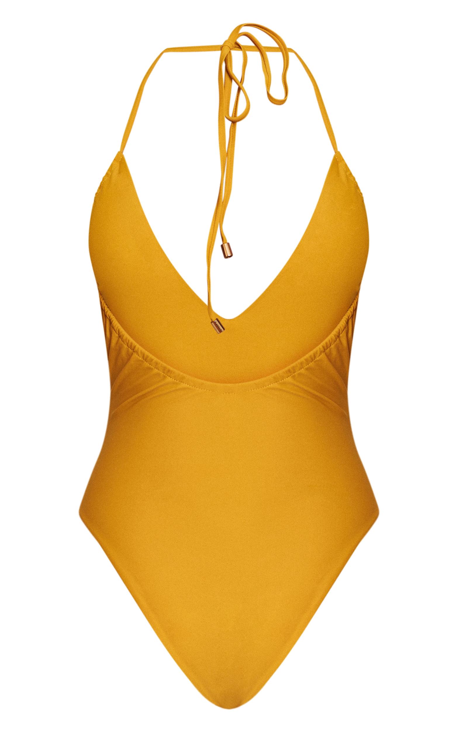 Mustard Ruched Detail Halter Tie Swimsuit Product Image