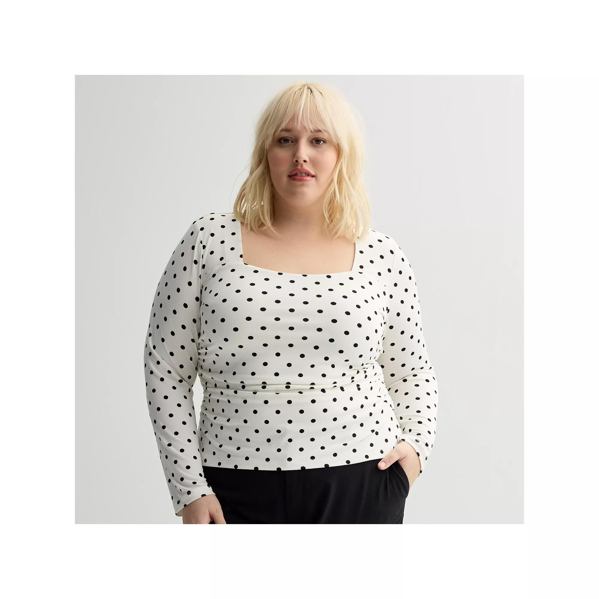 Plus Size INTEMPO™ Long Sleeve Square Neck Top, Women's, Size: 0X, Polka Dot Product Image