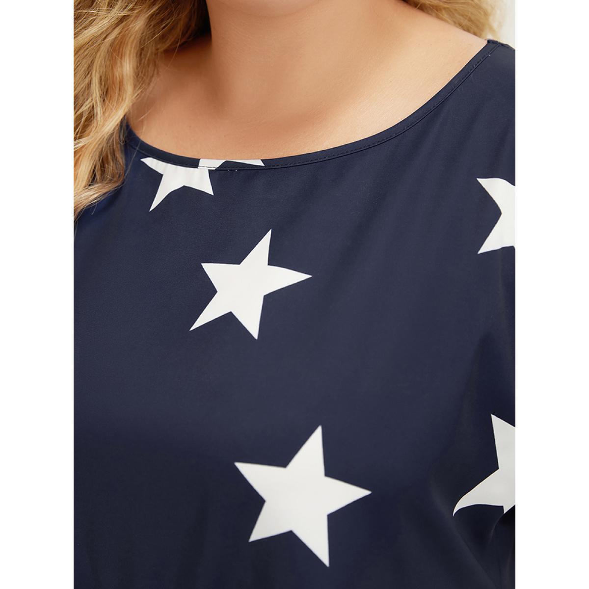 Plus Size Multicolor Star Patchwork Contrast Layered Hem Blouse Women Elegant Short sleeve Round Neck Everyday Blouses BloomChic 12/L Product Image