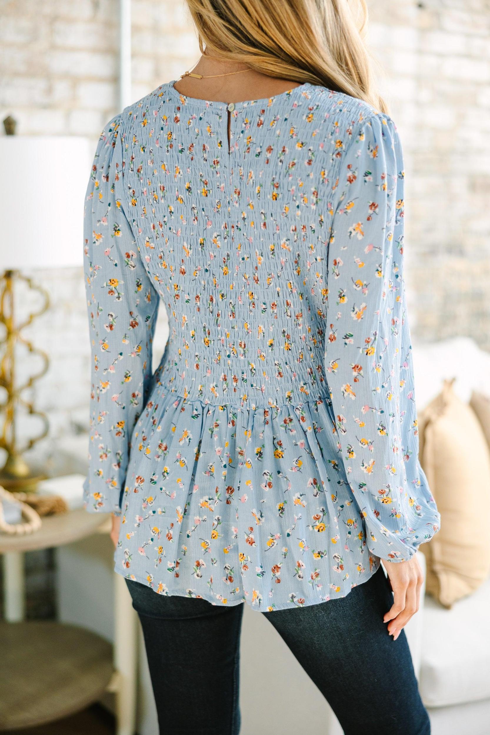 Getting Close Light Blue Ditsy Floral Blouse Female Product Image