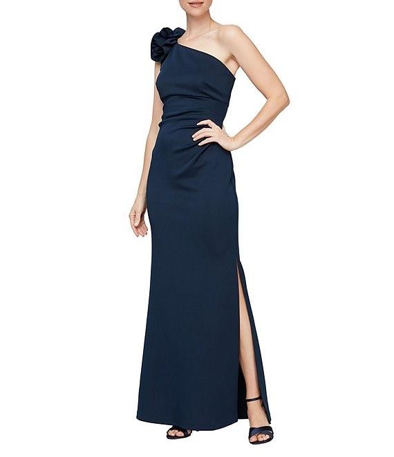 Ignite Evenings One Shoulder Flower Detail Ruched Waist Side Slit Sheath Maxi Dress Product Image