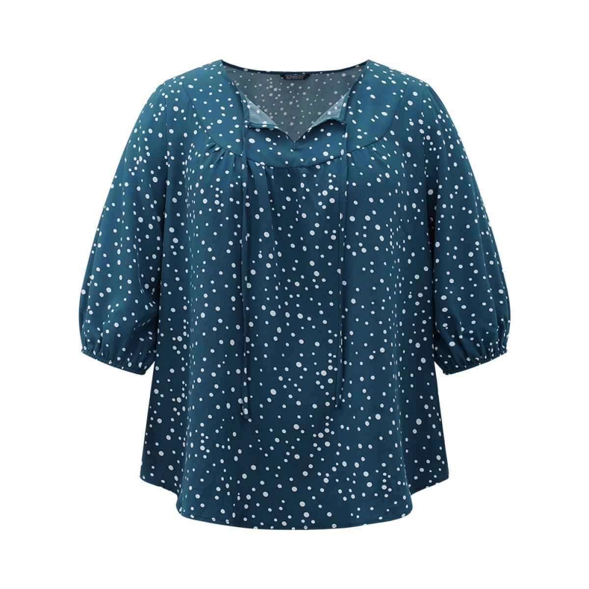 Plus Size Aegean Polka Dot Knot Neck Arc Hem Blouse Women Elegant Elbow-length sleeve Tie Neck Dailywear Blouses BloomChic 14-16/1X Product Image