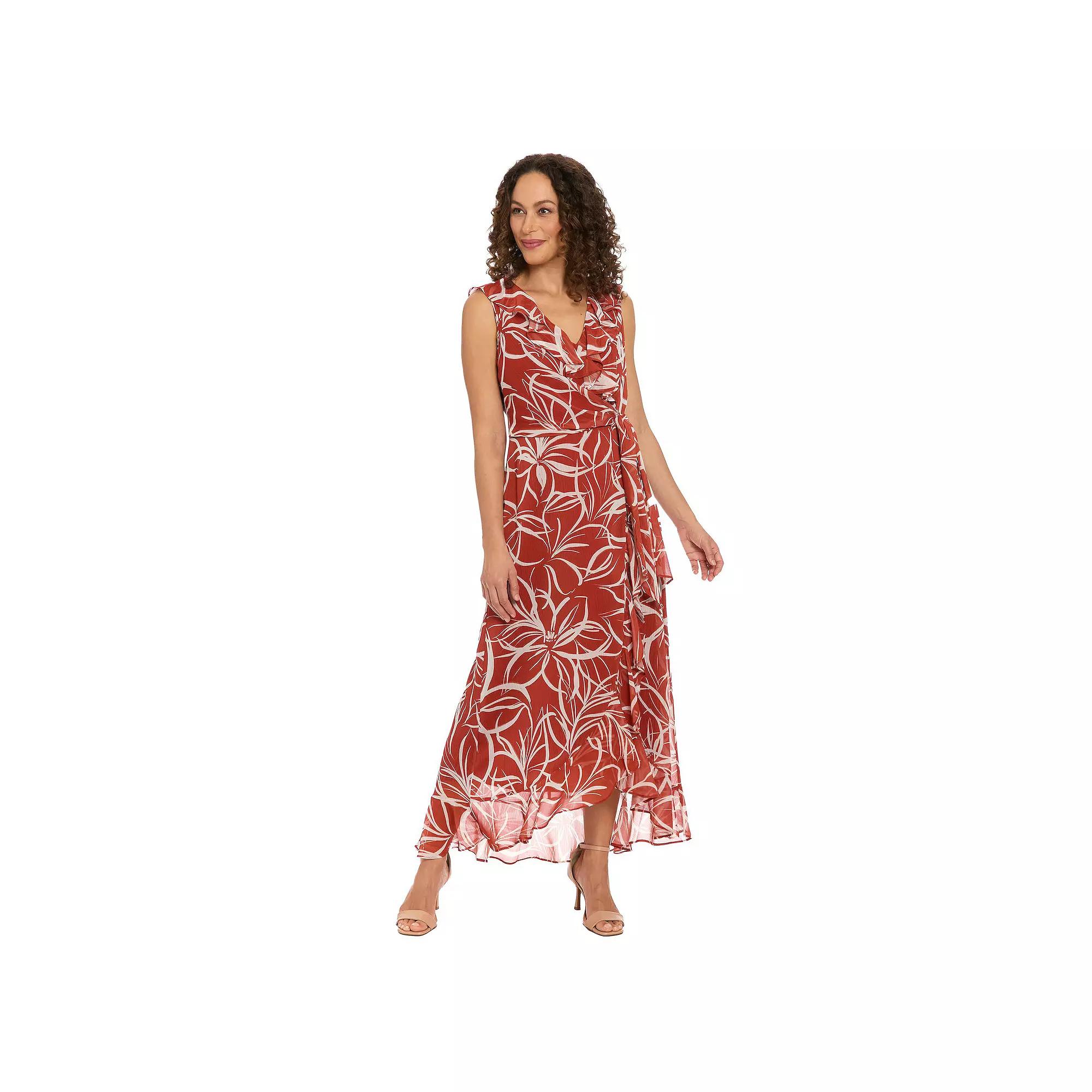 Women's London Times Ruffled Chiffon Maxi Dress, Size: 6, Brown White Product Image