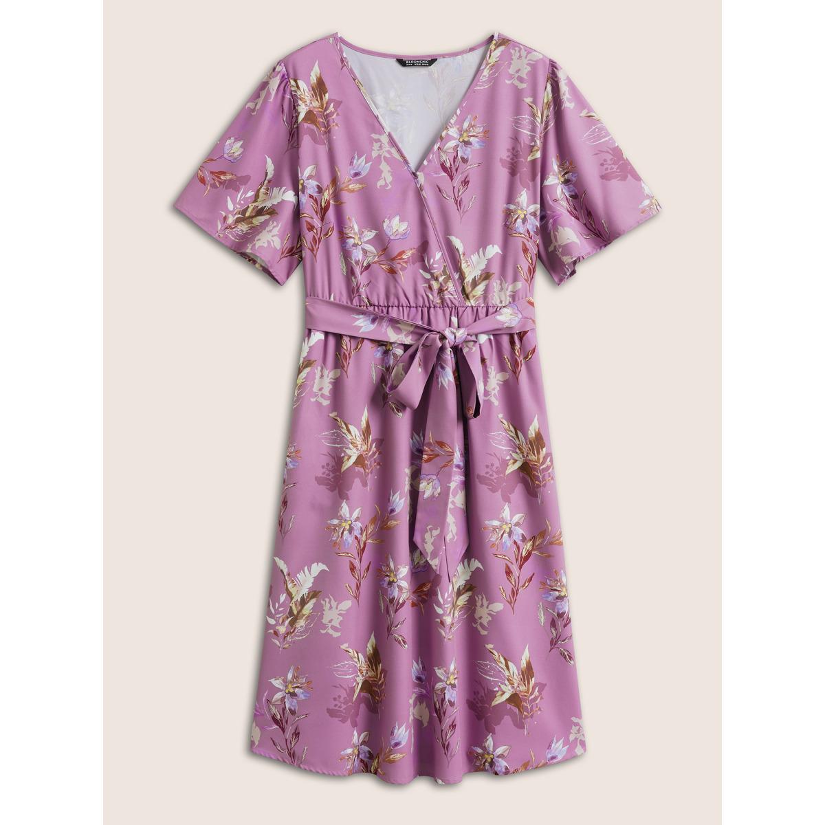 Plus Size Floral Print Pocket Wrap Belted Dress Lilac Women Elegant Non Overlap Collar Short sleeve Curvy Midi Dress BloomChic 22-24/3X Product Image