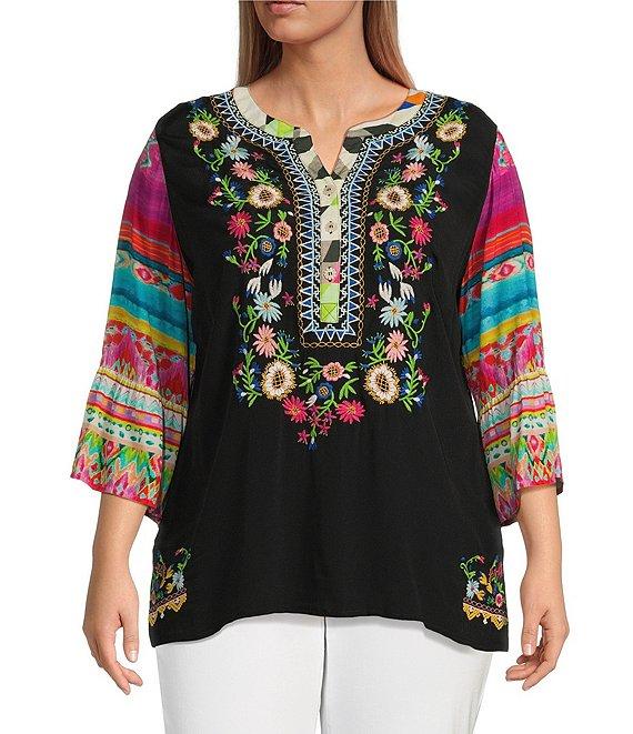 John Mark Plus Size Embroidered Floral Y-Neck 3/4 Sleeve Tunic Product Image
