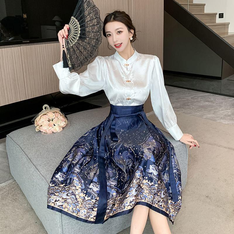 Traditional Chinese Long-Sleeve Frog Button Blouse / Shawl / High Waist Jacquard Pleated Ma Mian Skirt / Plain A-Line Skirt / Set (Various Designs) Product Image
