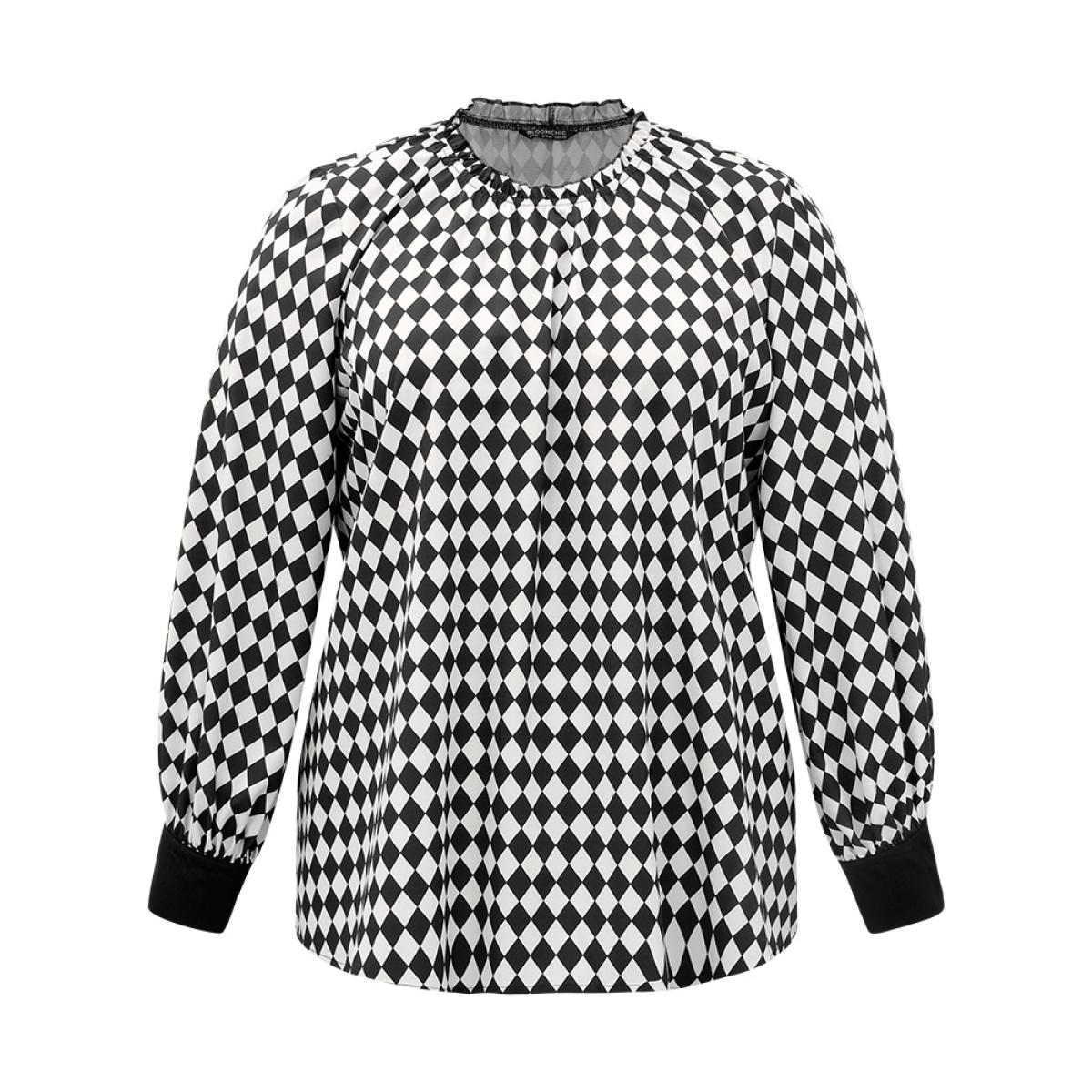 Plus Size Black Halloween Check Frill Trim Gathered Patchwork Blouse Women Elegant Long Sleeve Round Neck Dailywear Blouses BloomChic 22-24/3X Product Image