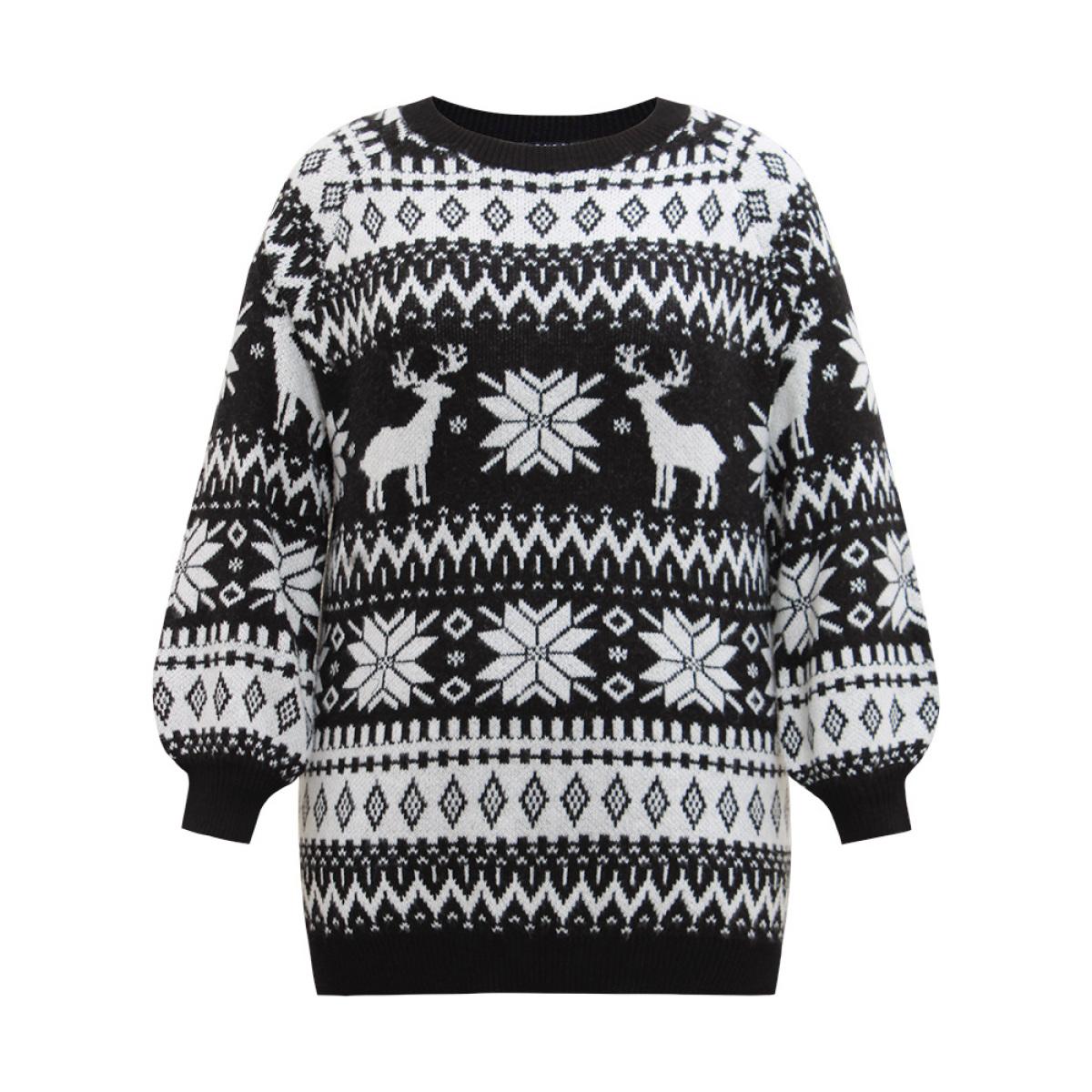 Plus Size EIK & Snowflake Lantern Sleeve Pullover Black Women Casual Loose Long Sleeve Round Neck Festival-Christmas Pullovers BloomChic 10/M Product Image