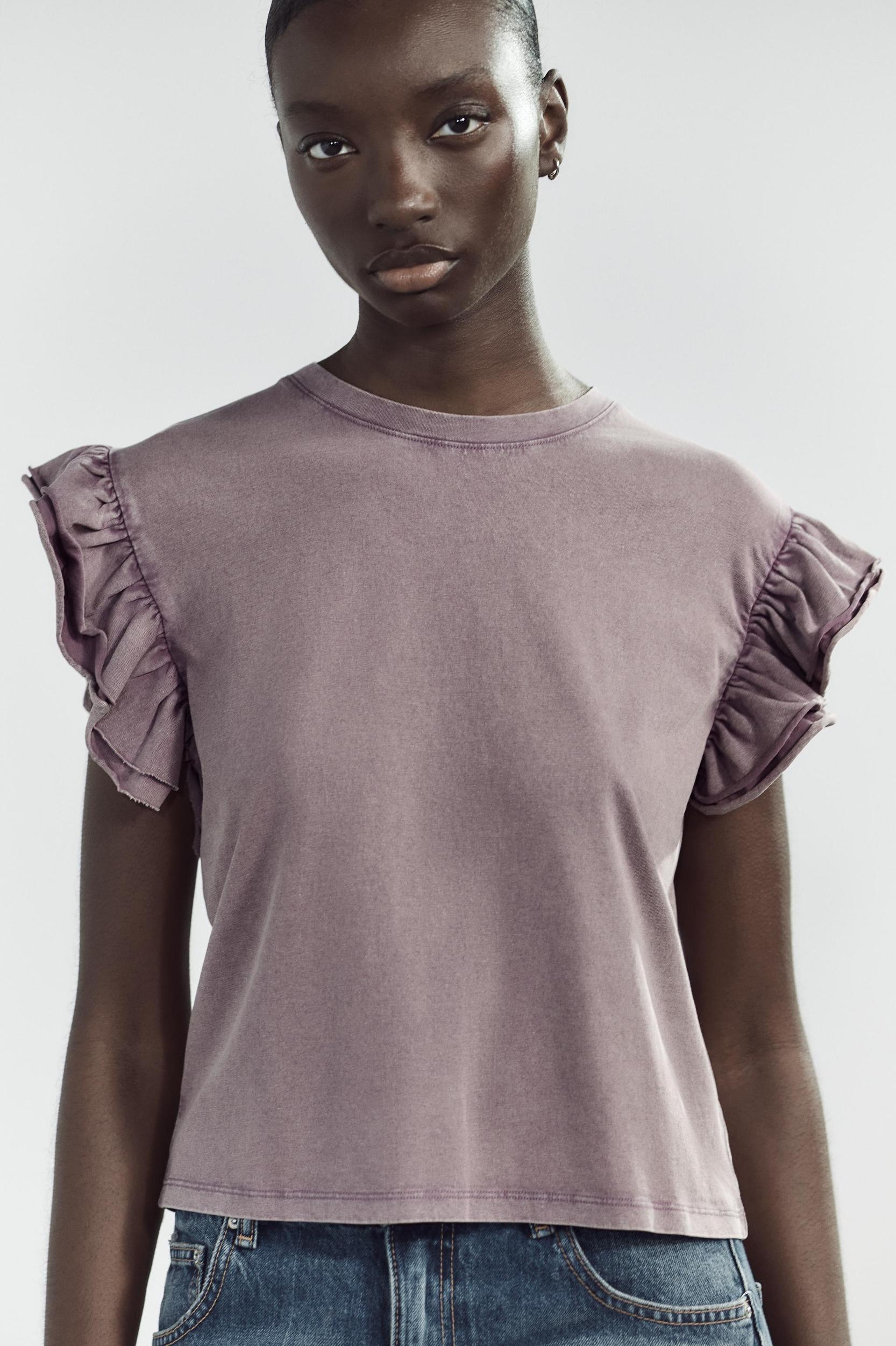 WASHED EFFECT RUFFLE T-SHIRT Product Image