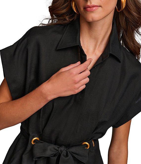 Donna Karan Short Sleeve Point Collar Tie Waist Linen Blend Midi A-Line Dress Product Image