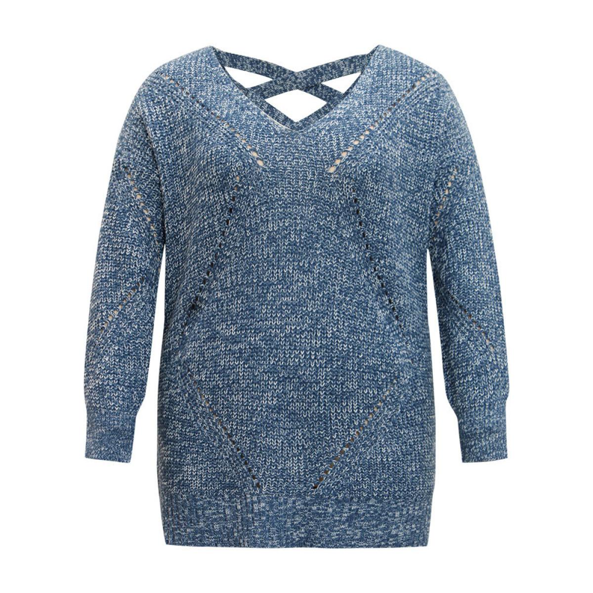 Plus Size Heather Elastic Cuffs Cut Out Pullover Stone Women Casual Loose Long Sleeve V-neck Dailywear Pullovers BloomChic 28/5X Product Image