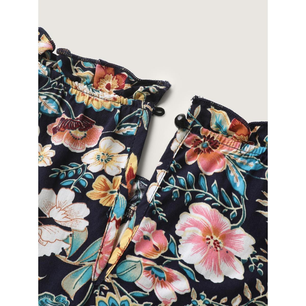 Plus Size Indigo Paisley Print Lace Ruffled Blouse Women Boho Short sleeve Mock Neck Vacation Blouses BloomChic 26/4X Product Image