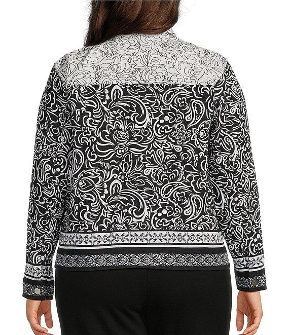 Ruby Rd. Plus Size Luxe Voile Abstract Botanical Border Print Point Collar Long Sleeve Button-Front Jacket Product Image