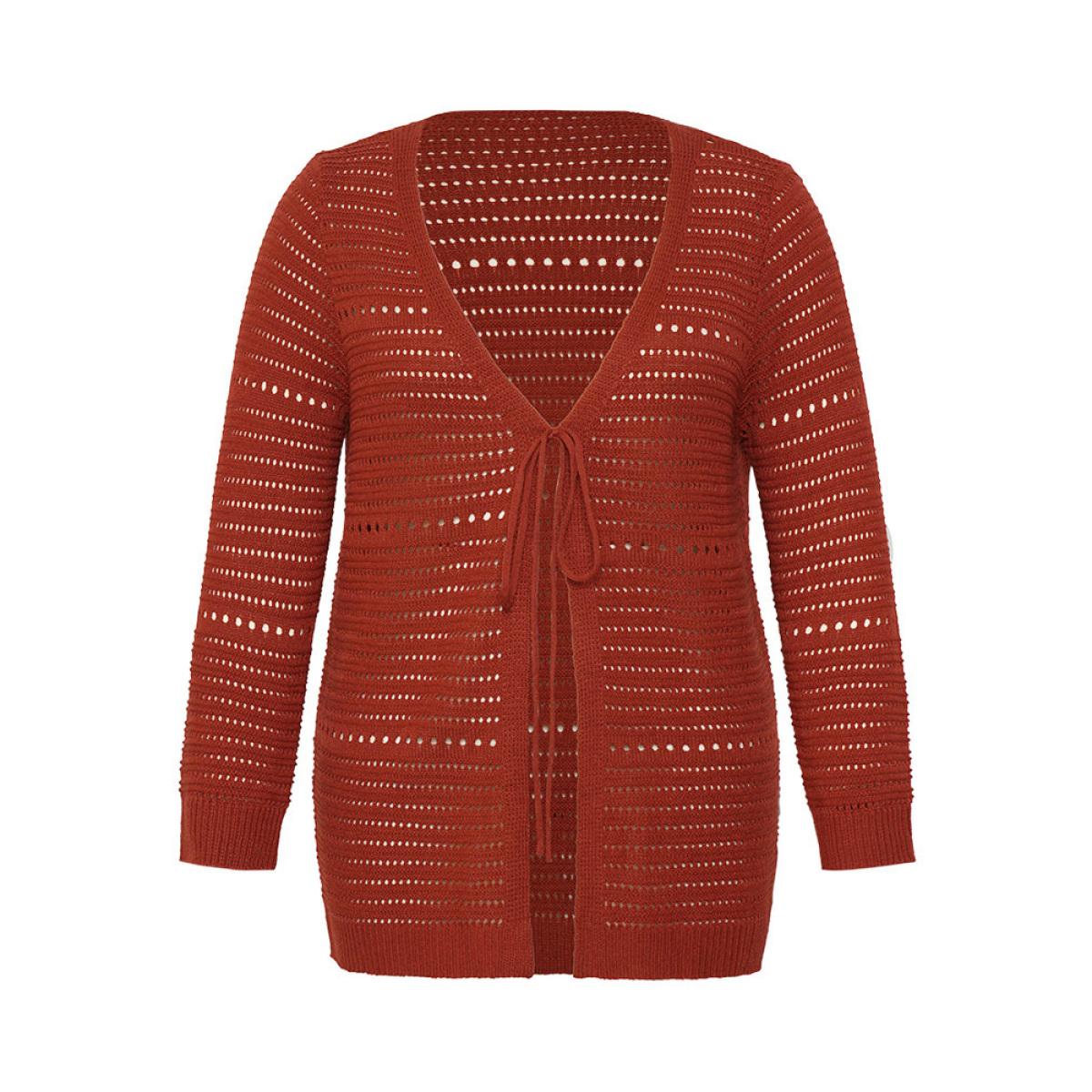Plus Size Plain Ties Front Geometric Eyelet Cardigan Rust Women Casual Loose Long Sleeve Dailywear Cardigans BloomChic 28/5X Product Image