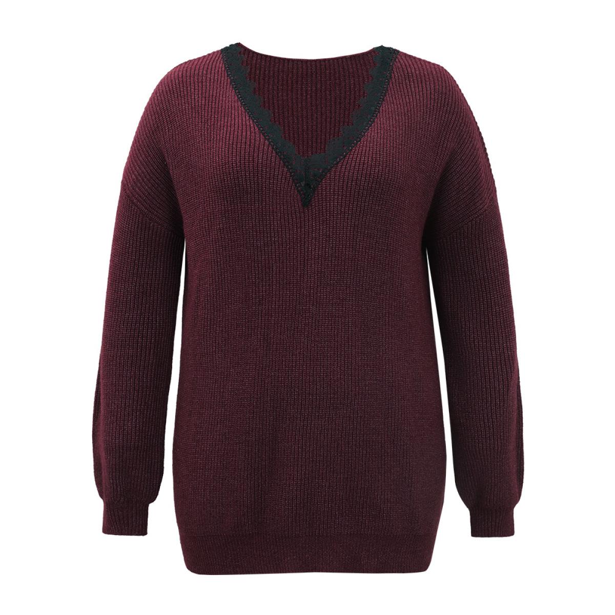 Plus Size Supersoft Essentials Lace Insert Drop Shoulder Pullover Burgundy Women Casual Loose Long Sleeve V-neck Dailywear Pullovers BloomChic 18-20/2X Product Image