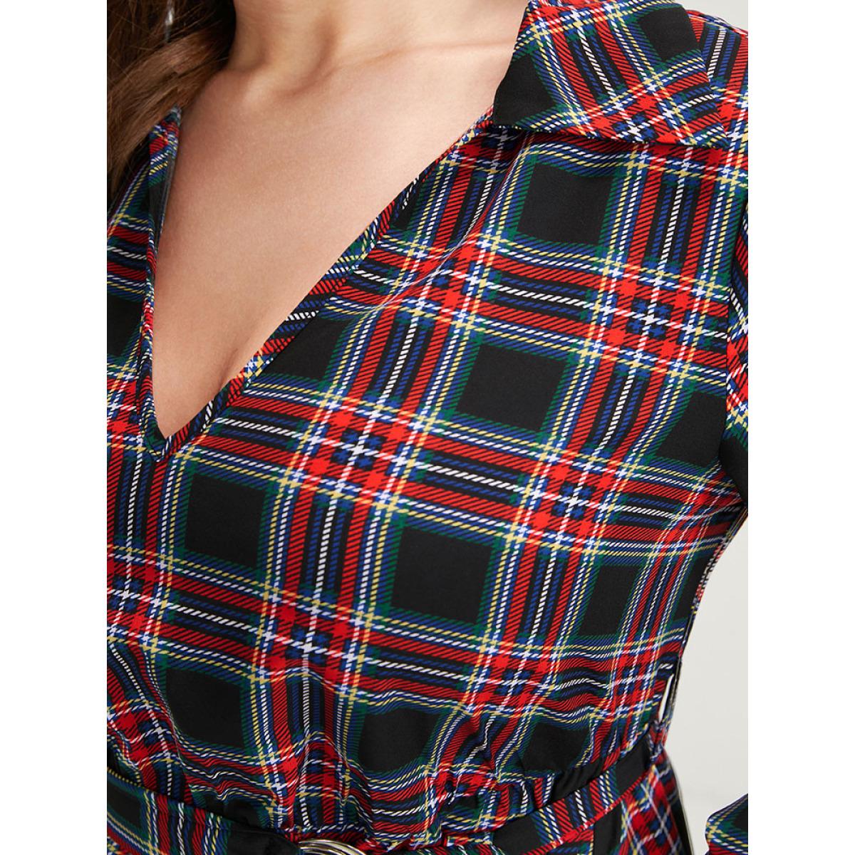 Plus Size Tartan Lantern Sleeve Pocket Belted Midi Dress Russet Women Elegant Elastic Waist Lapel Collar Long Sleeve Curvy Midi Dress BloomChic 14-16/1X Product Image