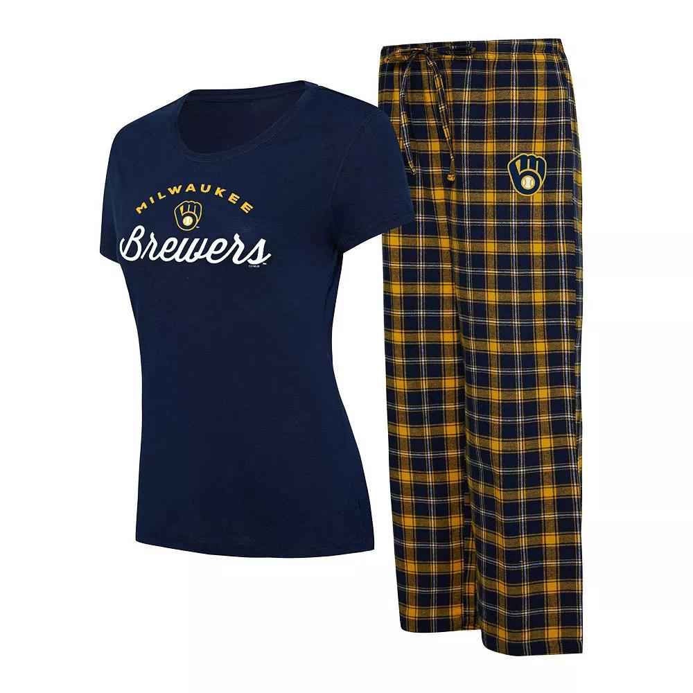 Women's Concepts Sport Navy/Gold Milwaukee Brewers Arctic T-Shirt & Flannel Pants Sleep Set, Size: Medium, Blue Product Image
