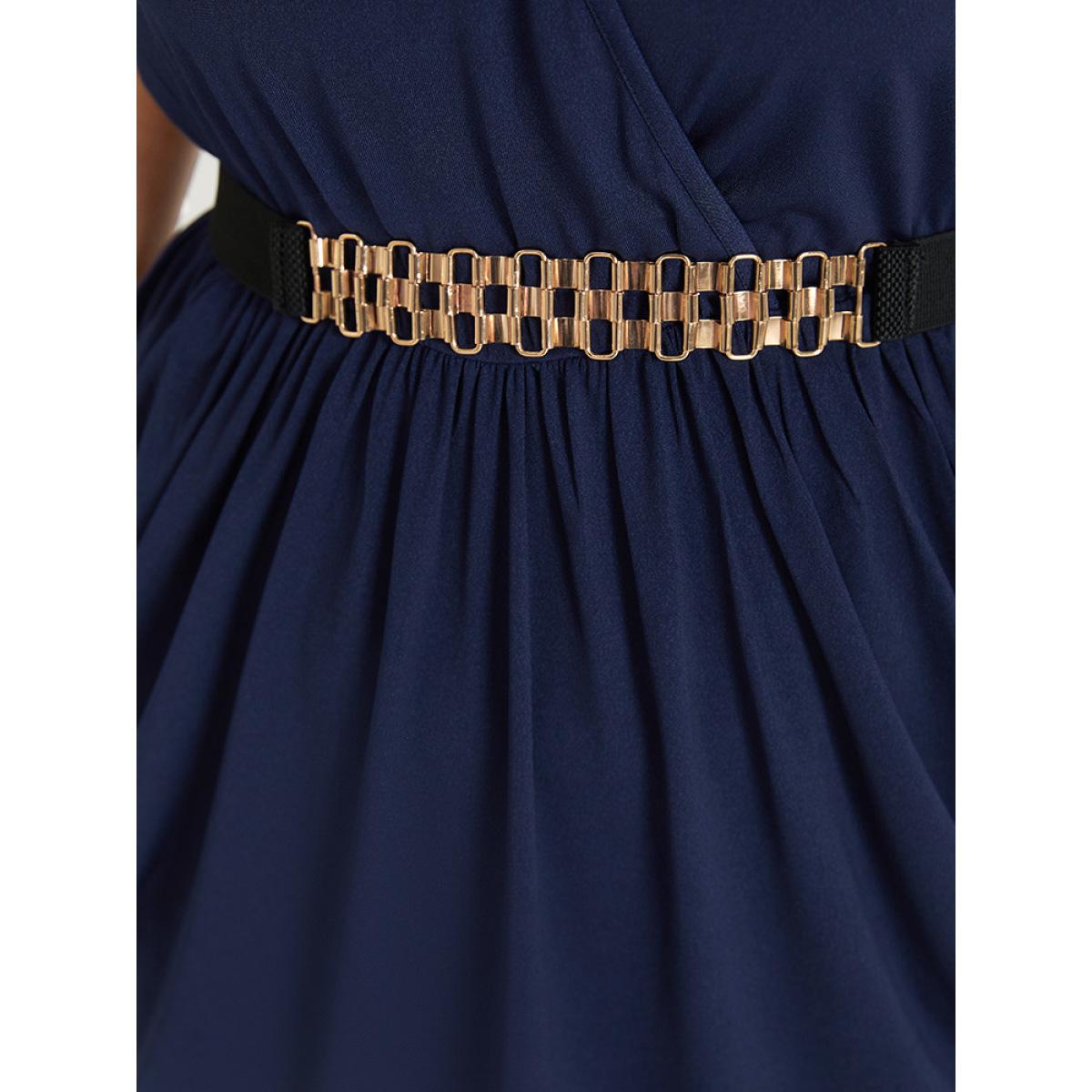 Plus Size Plain Wrap Gathered Curved Hem Metal Detail Belted Dress Black Women Office Gathered V-neck Short sleeve Curvy Knee Dress BloomChic 30/6X Product Image